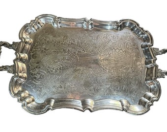 Silverplate Tray Ornate With Handles Footed Etched Butlers Platter