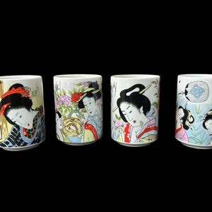 Geisha Girl Coffee Tea Cup Antique Porcelain Made in Japan Vintage Set of 4