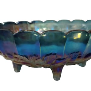 Blue Carnival Glass Serving Bowl Antique Indiana Glass Vintage Iridescent Footed