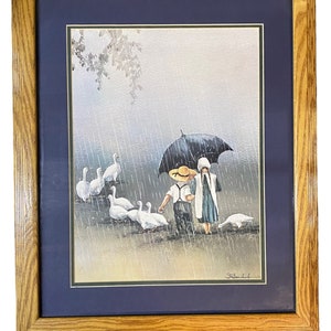 Amish Boy and Girl With Ducks in the Rain Painting Lithograph