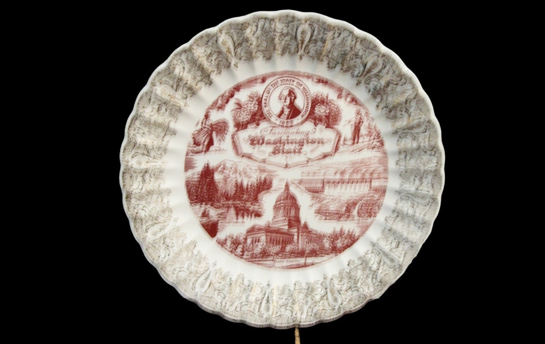 Vintage Antique Washington State Souvenir Dinner Plate With Landmarks