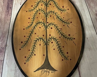 Primitive Farmhouse Hand Painted Dehoff Tree Painting on Wooden Plaque