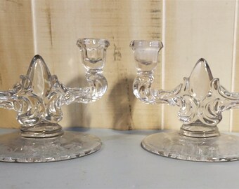 New Martinsville Viking Glass Prelude Double Candlestick Etched Art Deco 2