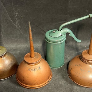 4 Antique Eagle Thumb Pump Rustic Oil Cans Made in USA