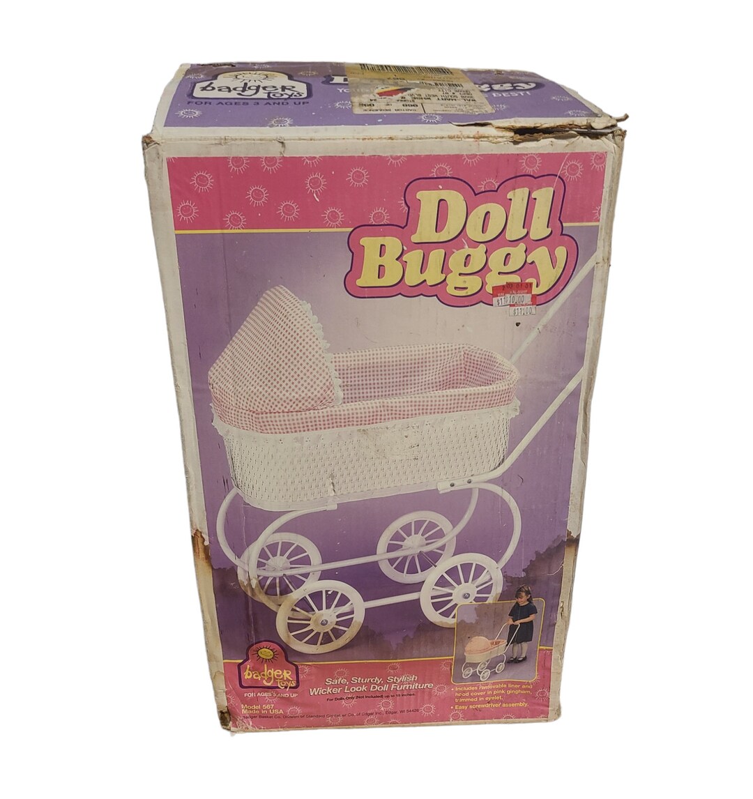Vintage White Doll Buggy Badger Toys in Original Box Basket Handles