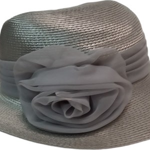 Silver Woman&#39;s Hat Antique Straw w/ Ribbon Vintage Floppy