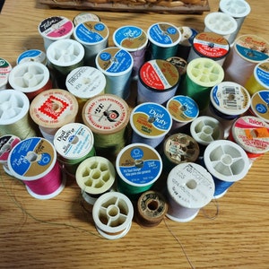 Vintage Lot of 40 Spools of Talon Coats & Clarks Thread and Handwoven Basket