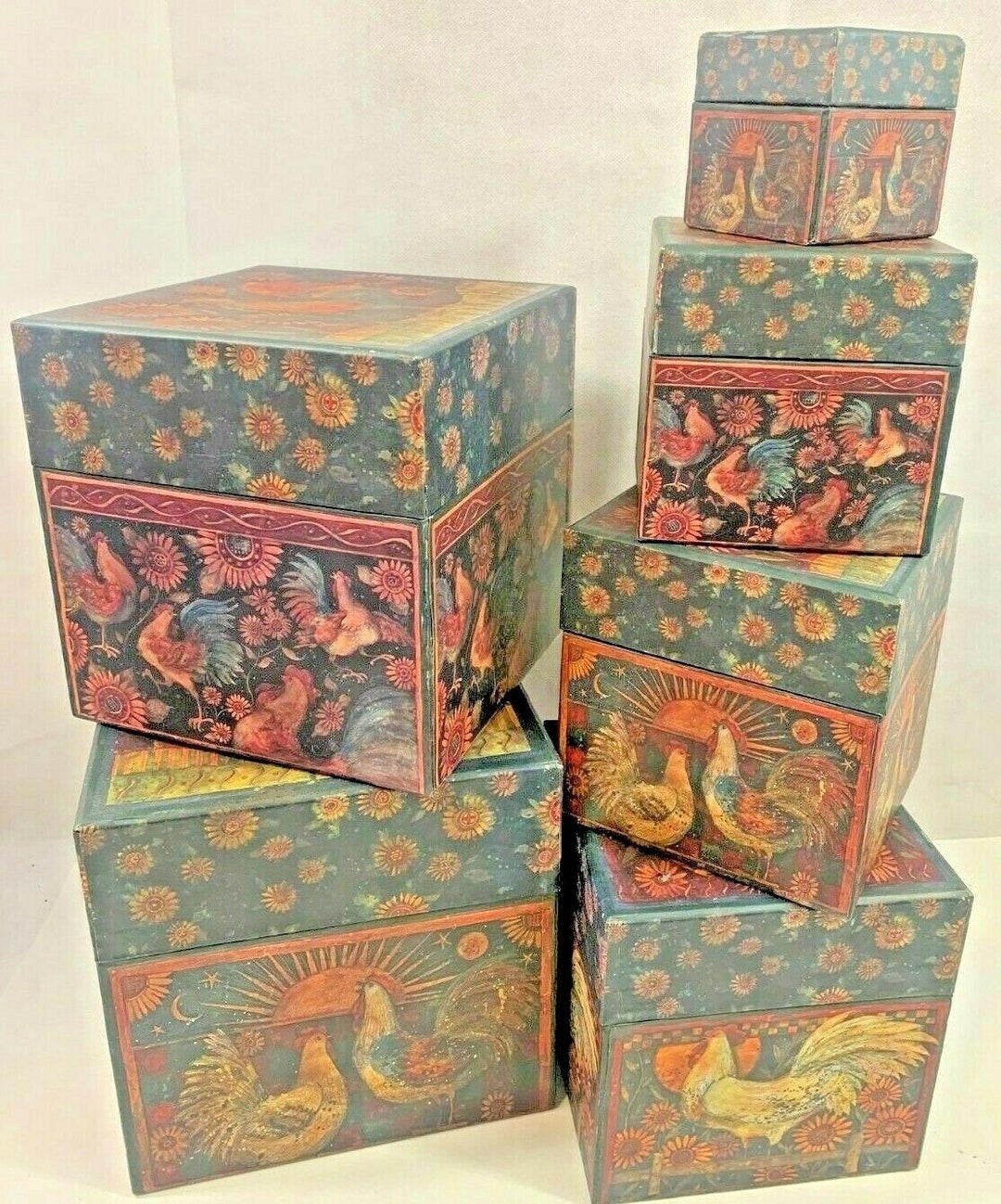 Vintage Bob's Boxes Rise and Shine Roosters Square Lidded Boxes Stack