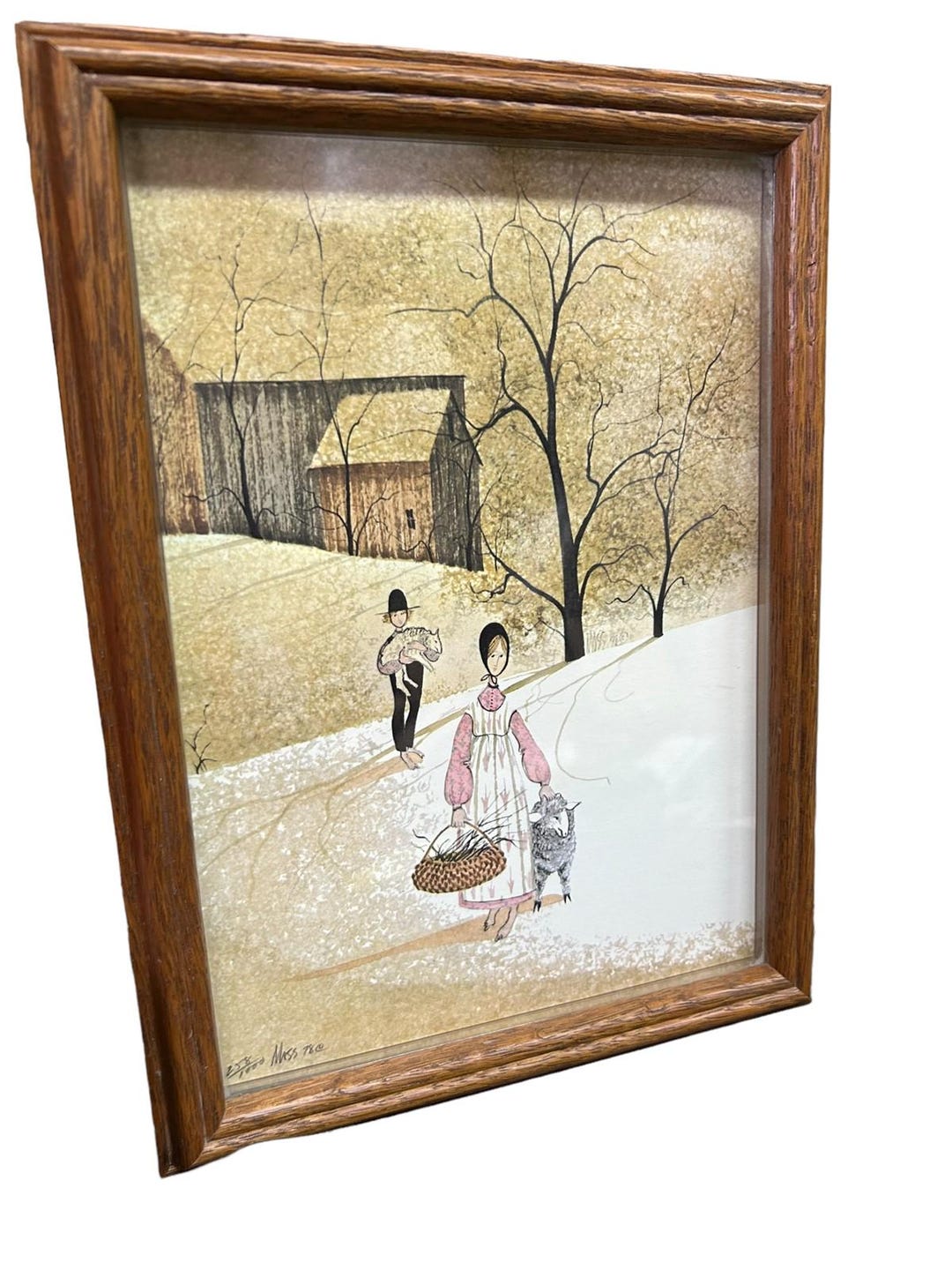 P・バックリー・モス作「羊とアーミッシュの人々2人」サイン入り