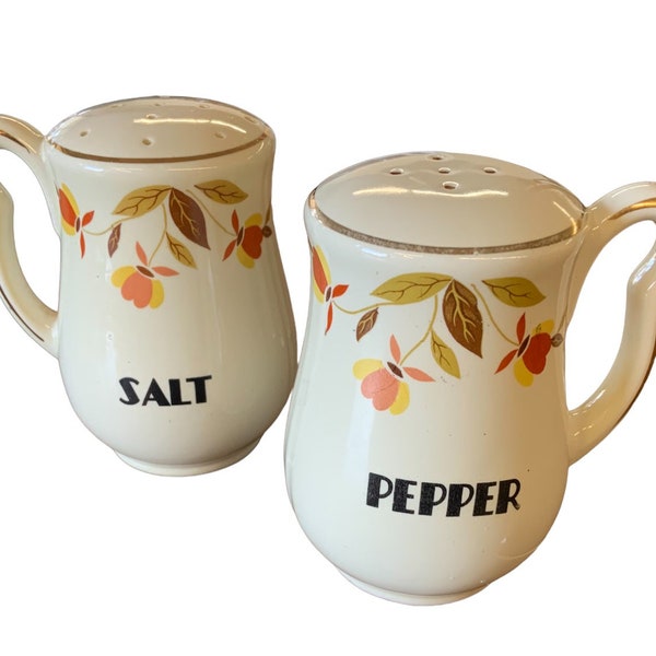 Vintage MCM Hall China Jewel T Autumn Leaf Salt Pepper Range Handle Shaker Set