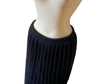 Vintage Wool Pleated Black Midi Skirt Elastic Waist Women's Clothing