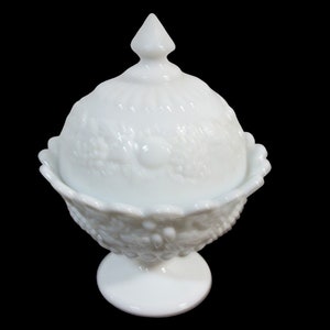 Vintage Antique Westmoreland Milk Glass Covered Candy Dish Grape & Fruit Design