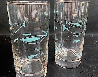 Vintage Mid Century Libbey Glass Mediterranean Atomic Fish 2 8 oz Tumbler