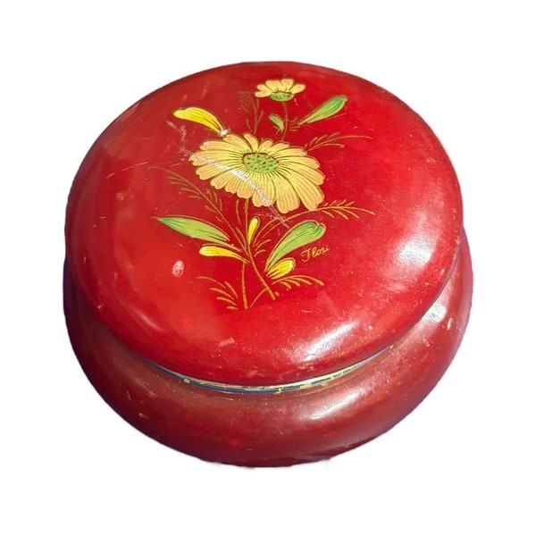 Trinket Box Alabaster Red Italian Hinged Vanity Jar Floral Gold Home Decor