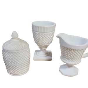 Juego de servir vintage Westmoreland blanco, jarro para leche, azucarero, vaso de clavo inglés