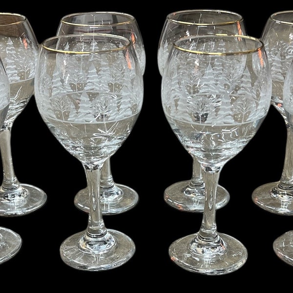 Arby's Christmas Tree Goblets Vintage Libbey Glass Gold Rimmed Set of 8 Pines