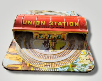 Vintage Antique Litho Tin Building Only Union Station By Automatic Toy Company