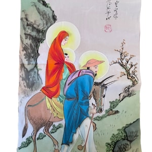 Traditionele Chinese zijde geschilderde familiescène met rolprint op muilezel vintage