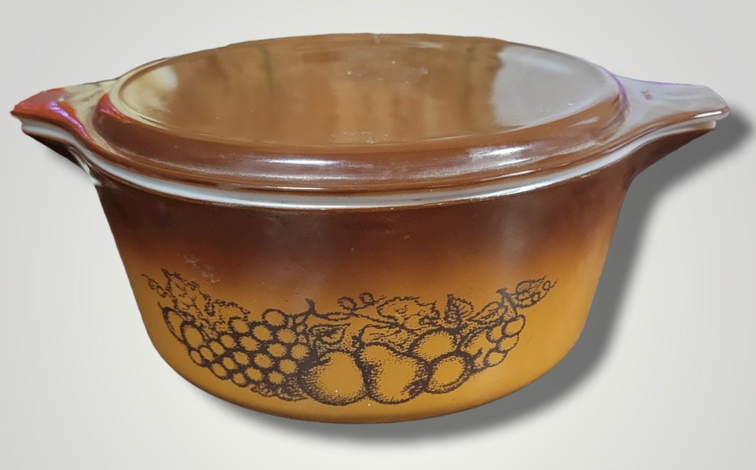 Brown MCM Vintage Pyrex Quart Casserole 475-B Dish Old Orchard