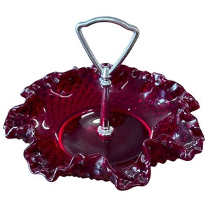 Fenton Ruby Red Hobnail Candy Dish Silver Handle Vintage