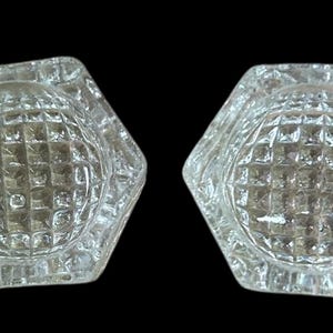 Helder geperst glazen open zoutkelders antieke zeshoekige vintage set van 2