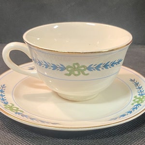 Crooksville China RARE Vintage Blue Laurel Green Bow Pattern Teacup and Plate