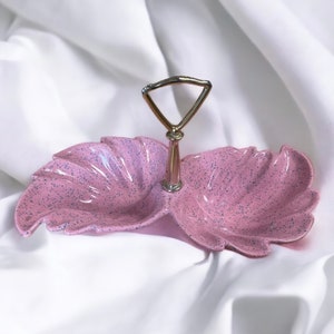 Pink Pottery MCM Vintage Leaf / Shell Design Dish with Gold Handle
