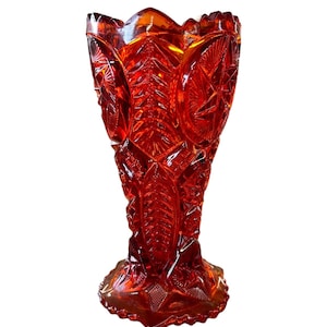 Nortec Vase L.E. Smith Amberina Glass Red Orange Amber 1900&#39;s Iridescent Star