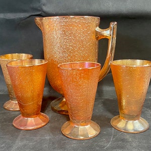 Carnival Glass Marigold Antique Orange Pitcher and Glasses Set