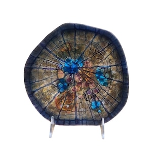 Vintage Handmade Painted Plate Decorative Enamel on Copper Blue Unique Decor