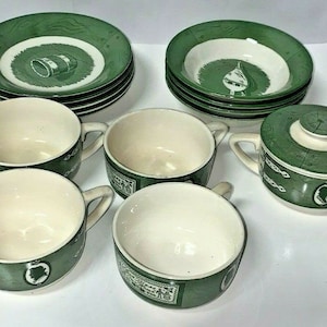 vintage Green Colonial Homestead by Royal 16 Piece Set Bowls Cups Creamer Sugar