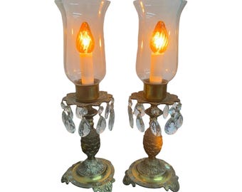 MCM Vintage Art Deco Pair Of Footed Brass Dangling Crystal Hurricane Lamps