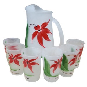 Frosted Floral Glass Drinking Glass & Pitcher Set Vintage Collectible Drinkware