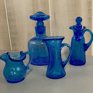 4 Misc. Pc. Vintage Unbranded Cobalt Blue Crackle Glass Pitcher and Decanter Set
