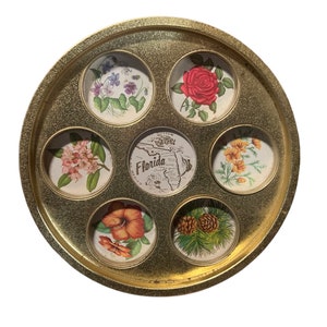 Retro 1950er 1960er Jahre Vintage Gold Ton Florida Souvenir Serviertablett Blumeneinsätze