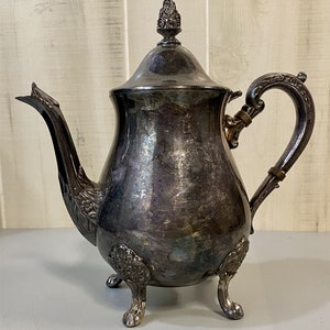 Patinaed Ornate Floral Patterned Silver Plated Teapot from Sheffield, England