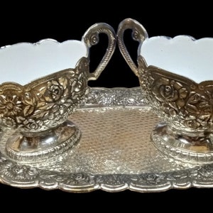 Silverplate Ornate Enamel Creamer, Sugar Bowl & Tray Set Vintage Japanese