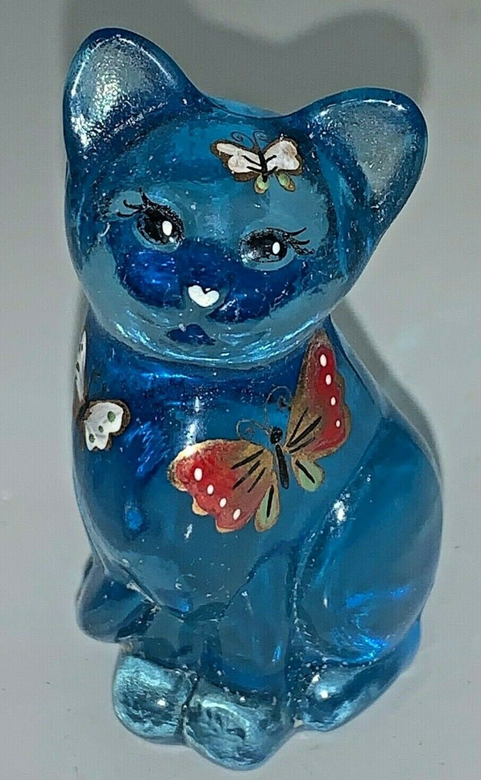 Vintage Hand Painted Blue Fenton Glass Cat Signed 2.5 Inches Etsy