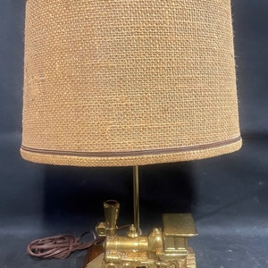 Antique Brass Railroad Steam Train Model Table Lamp Wooden Base Shade Included