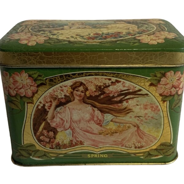 Vintage Green Four Seasons Art Nouveau Ladies Square Tin Trinket Storage Box