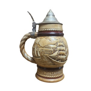 Large Vintage Avon Beer Stein Ceramic Mug Pewter Lid 1977 Sailing Ships Ocean