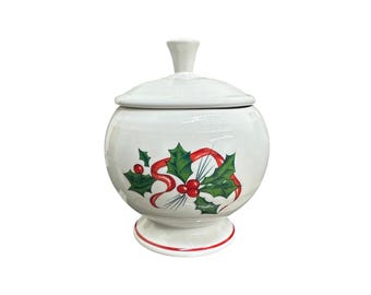 Fiesta - White Holly & Ribbon Individual Sugar Bowl + Lid Homer Laughlin HLC Retired Ceramic