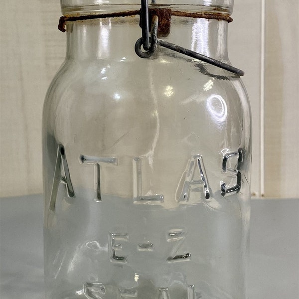 Quart Size Vintage Atlas E - Z Seal Wire Bail Closure Canning Jar with Glass Lid