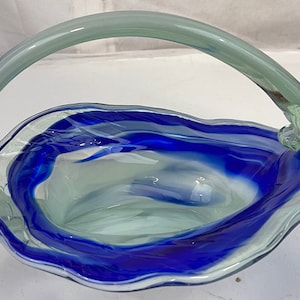 Vintage Murano Blue Aqua Art Glass Handled Candy Dish Basket