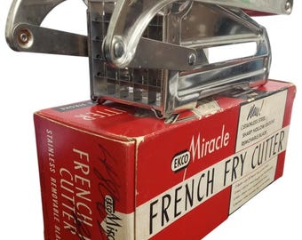 Cortador de papas fritas Ekco Miracle con caja original, estilo vintage retro de los años 50.