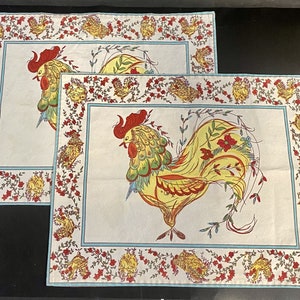 Pair of Mid Century Cloth Farmhouse Theme Colorful Rooster w/ Flowers Placemats