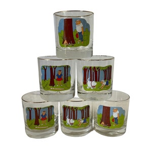 1970s Ashby Golf Comic Cartoon Vintage Artist 6pc Set of Barware Glasses