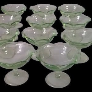 Vintage Antique Depression Vaseline Uranium Glass Dessert Cups Bowls Set of 11