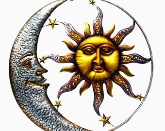 Moon Sun and Stars Gold Silver - 28" Metal Hammered Home / Yard Art