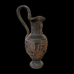 Vintage Hand Carved Terracotta Clay Pitcher With Spout Human Figures Pottery